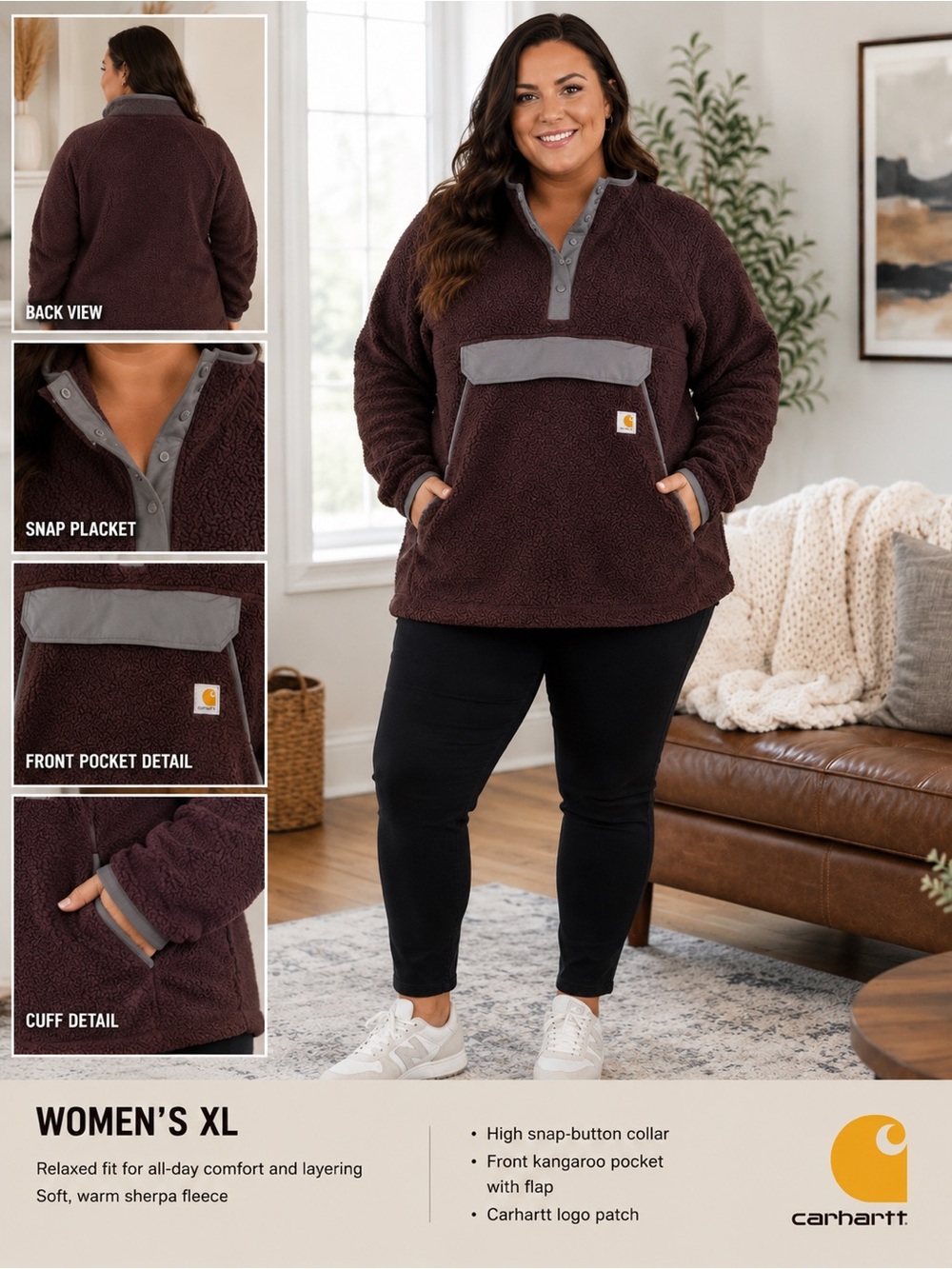 Carhartt Women's Sherpa Pullover in burgundy with Gray Trim
